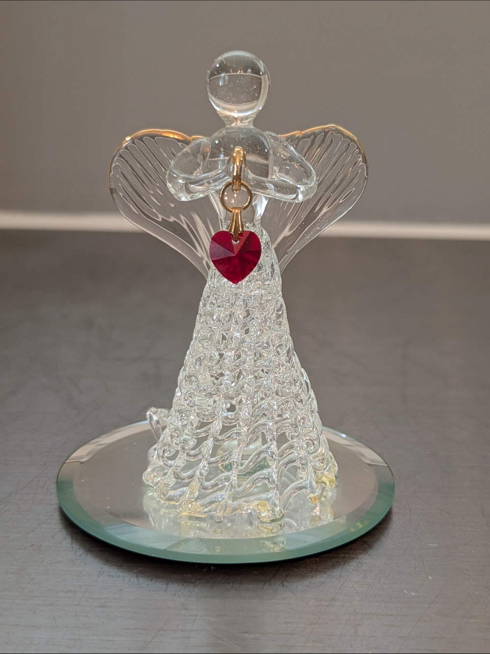 Clear Glass Angel Figurine with Red Heart Charm